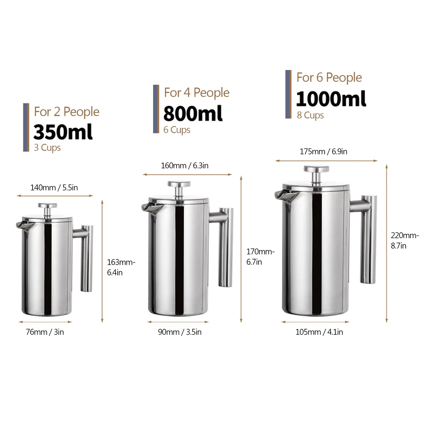 Cafetière à Piston en Acier Inoxydable - Double Paroi Isolante, 350ml/800ml/1000ml