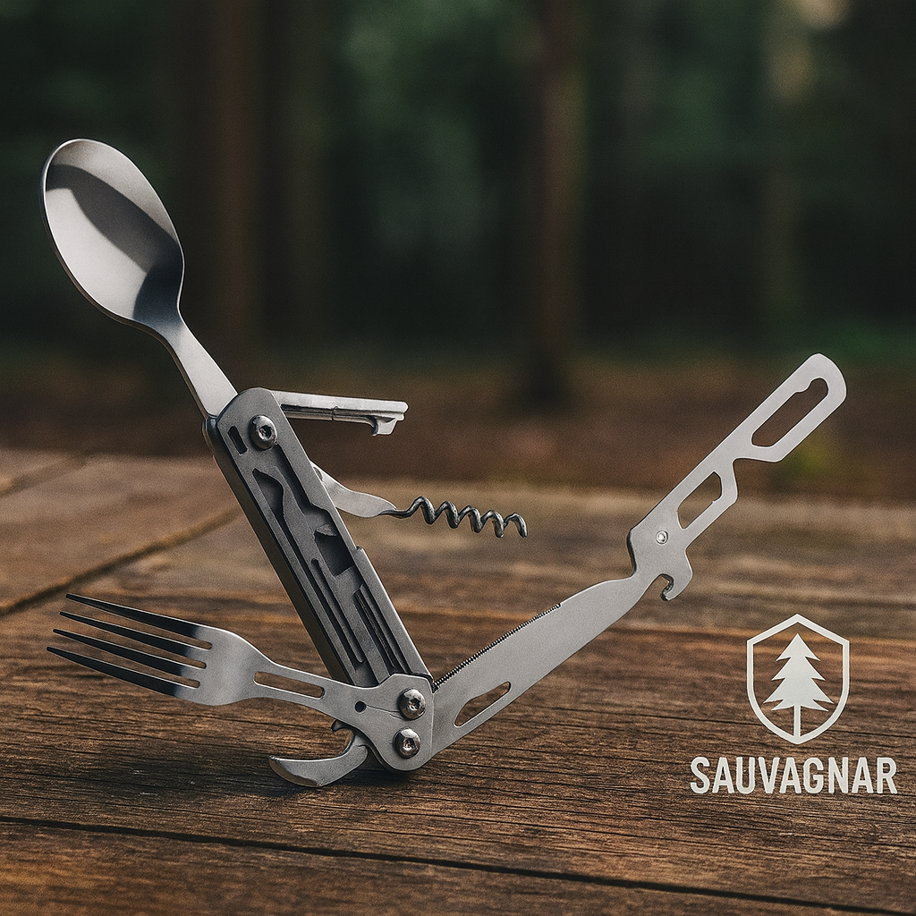Couverts de Camping Pliants Multifonctionnels - Couteau, Fourchette, Cuillère et Ouvre-Bouteille en Acier Inoxydable