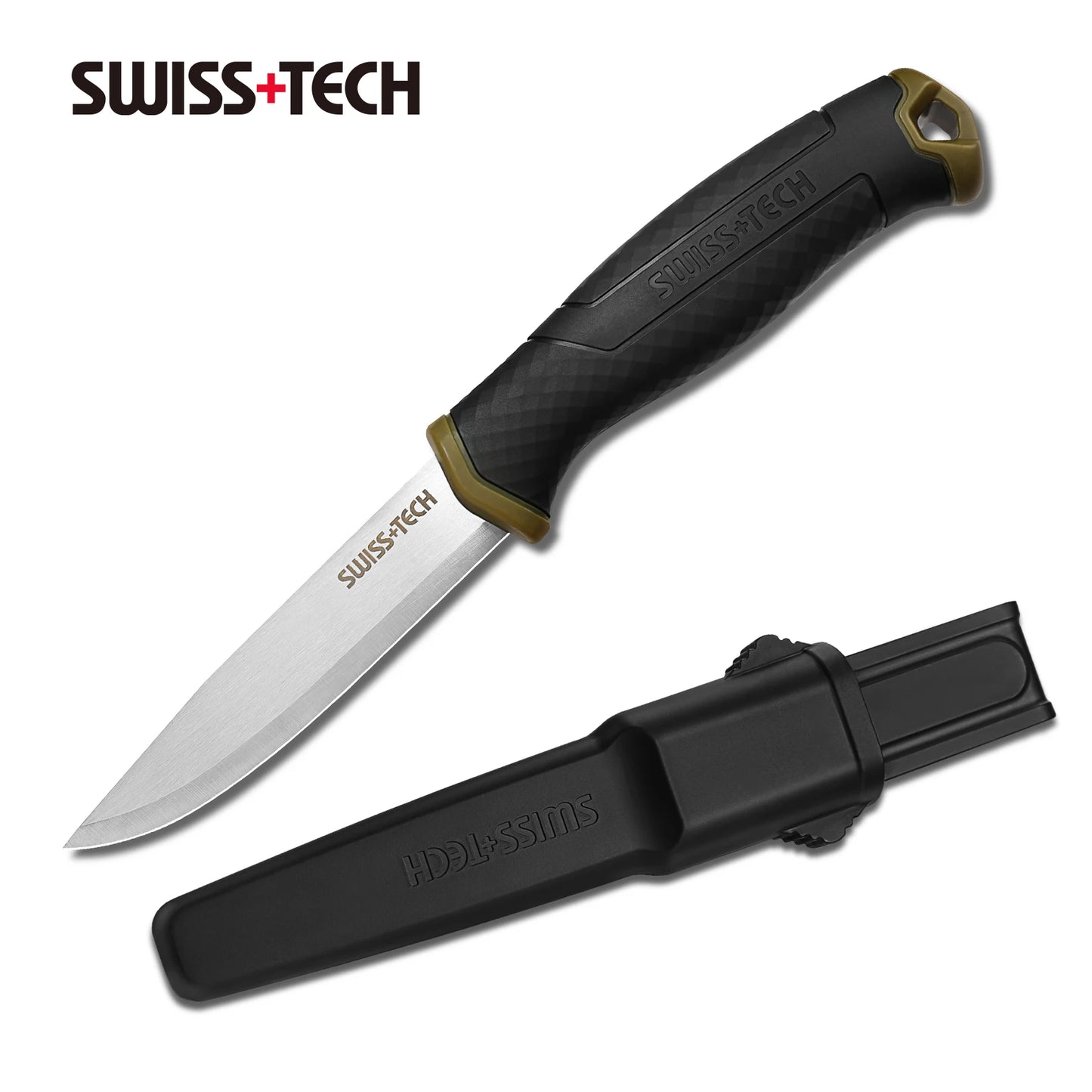 Couteau Fixe SWISS TECH Survival avec Étui – Lame Acier Inoxydable Tactique Outdoor